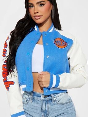 New York Knicks Blue & White Cropped Varsity Jacket
